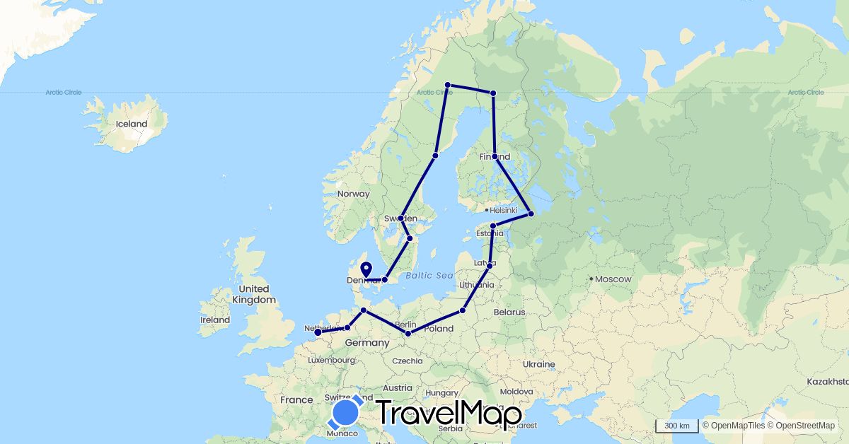 TravelMap itinerary: driving in Germany, Denmark, Estonia, Finland, Latvia, Netherlands, Poland, Russia, Sweden (Europe)